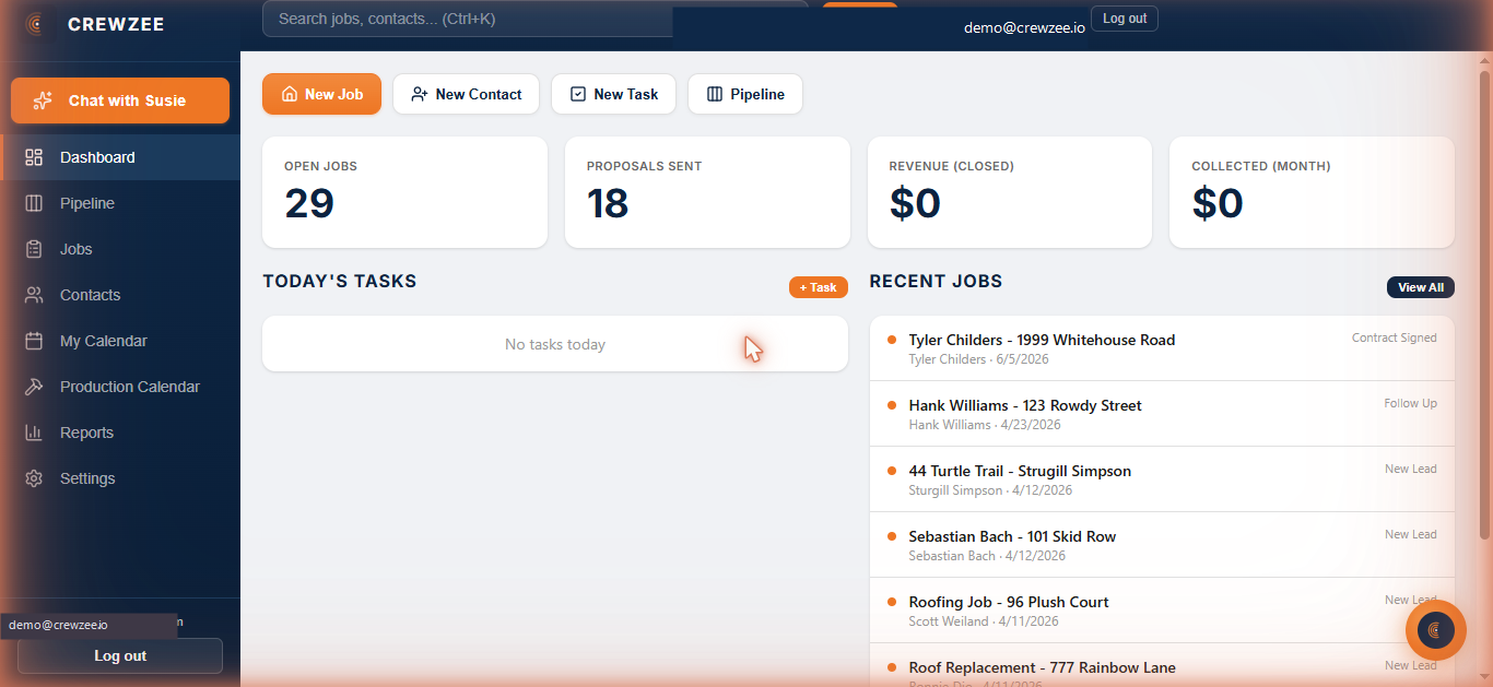 Crewzee dashboard with KPI cards, tasks, and recent jobs