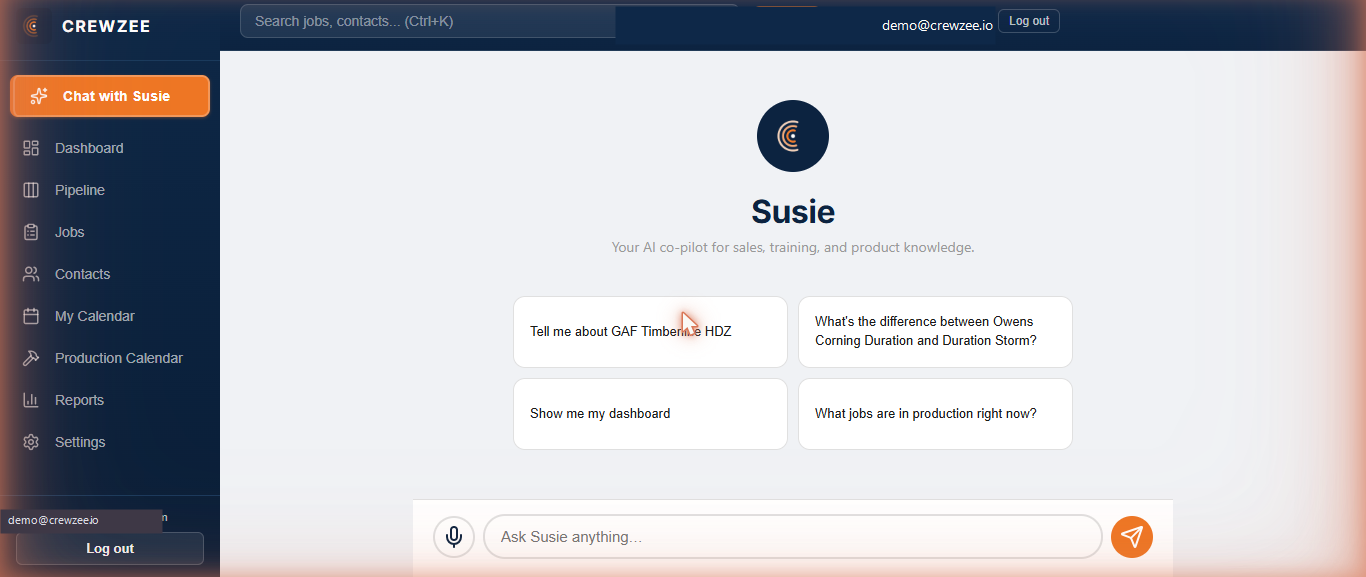 Susie AI assistant screen with prompt cards and input bar