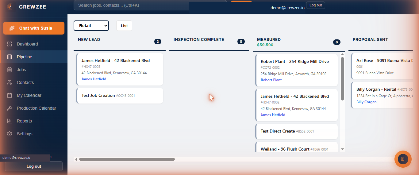 Crewzee CRM pipeline board showing roofing jobs across kanban stages