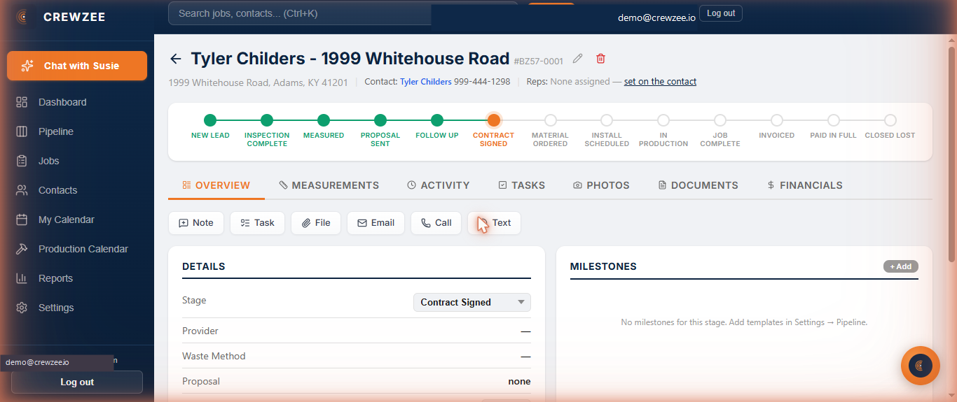 Crewzee job detail view with tabs for overview, activity, tasks, and documents
