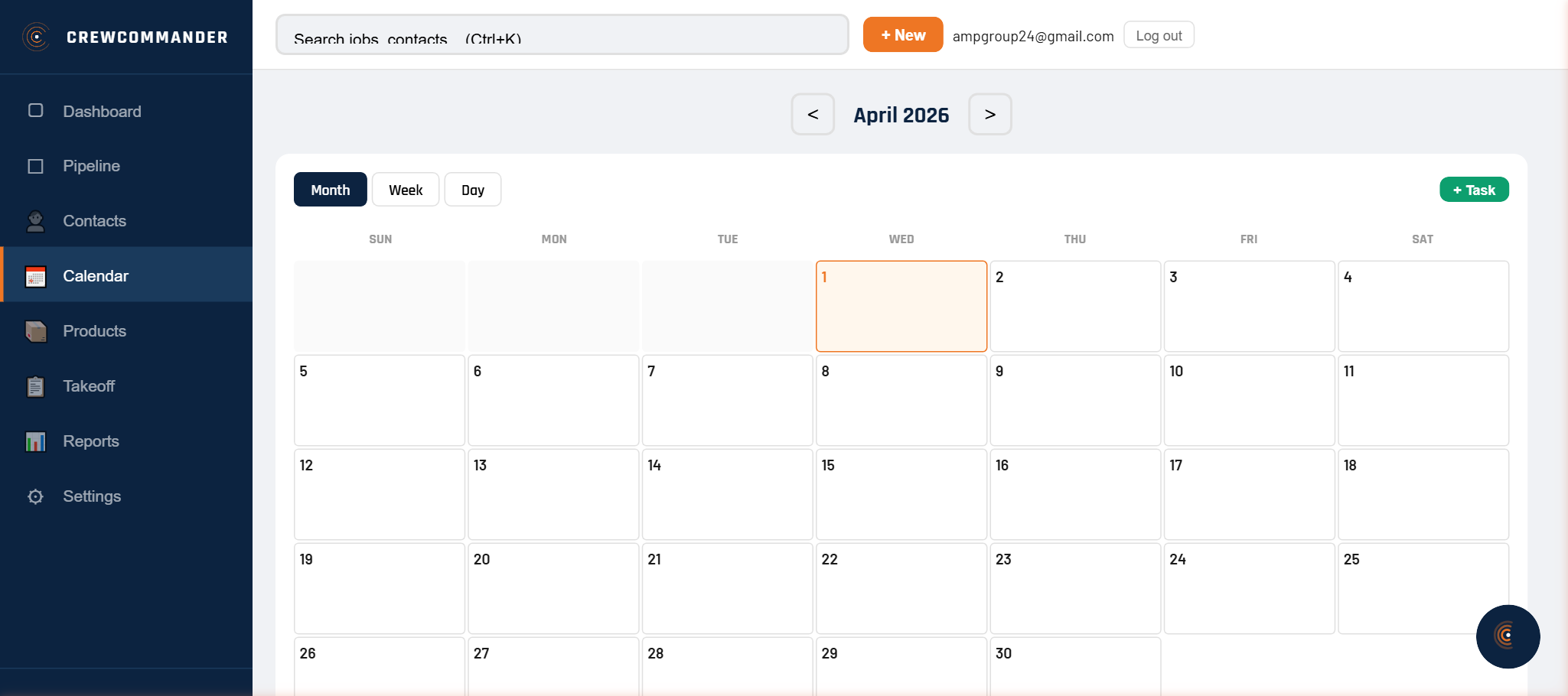 Month, week, and day calendar with job-linked tasks and external calendar sync