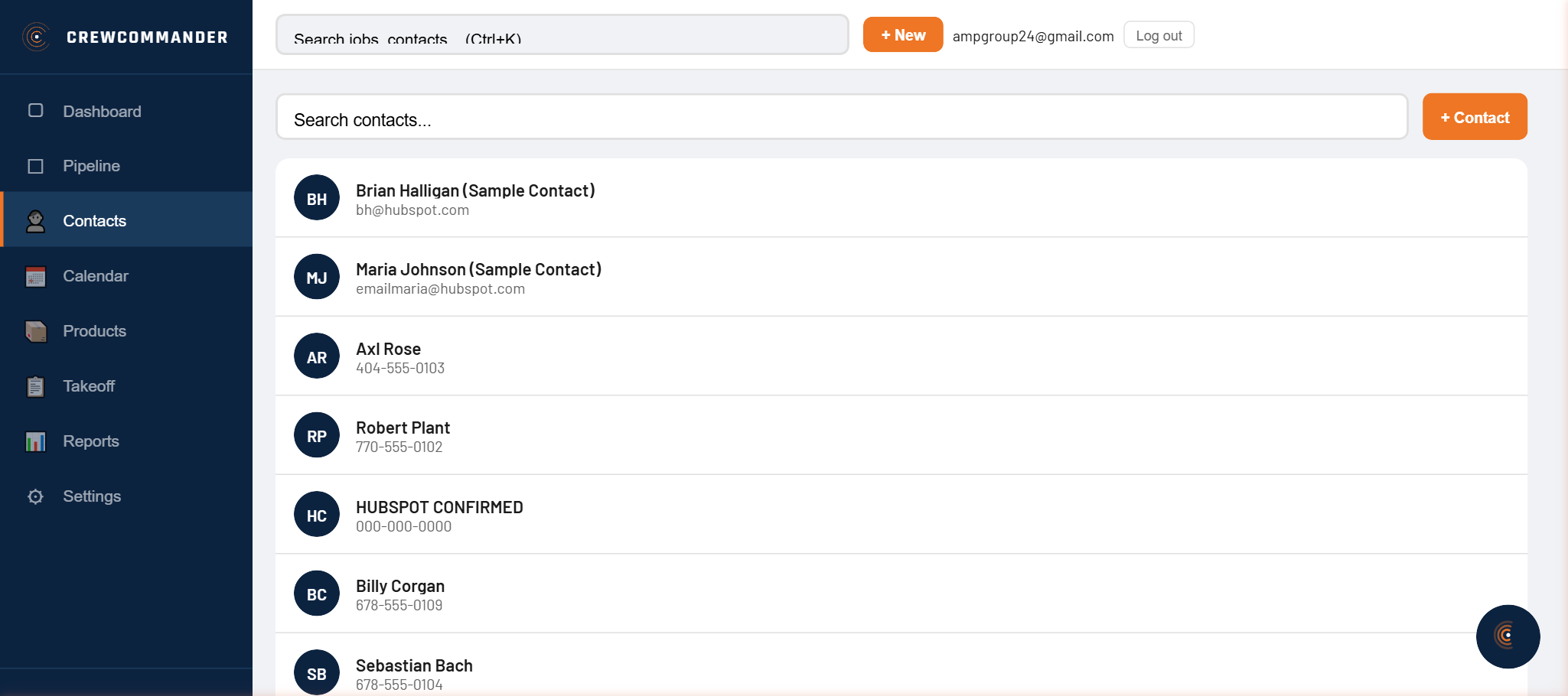 Contact list with search, filter, and linked job history