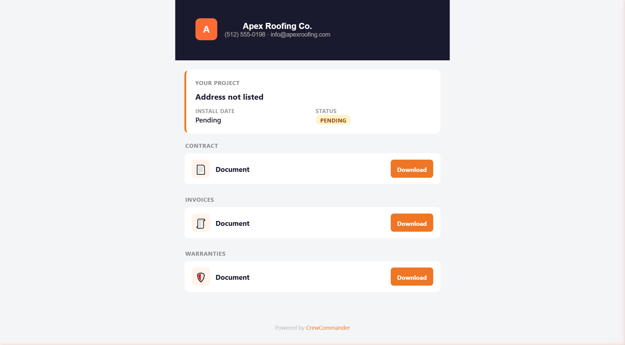 Branded customer portal showing contracts, invoices, and project documents