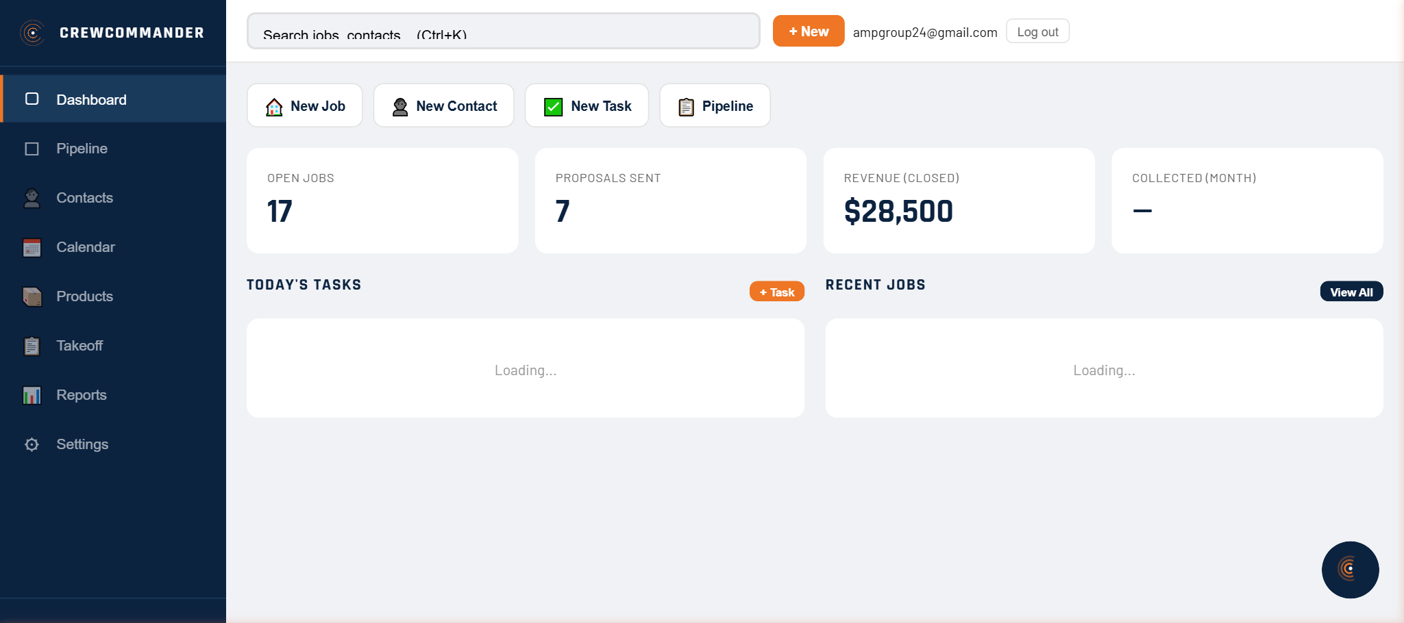 Dashboard with KPI cards, overdue invoice alerts, recent jobs, and today's tasks