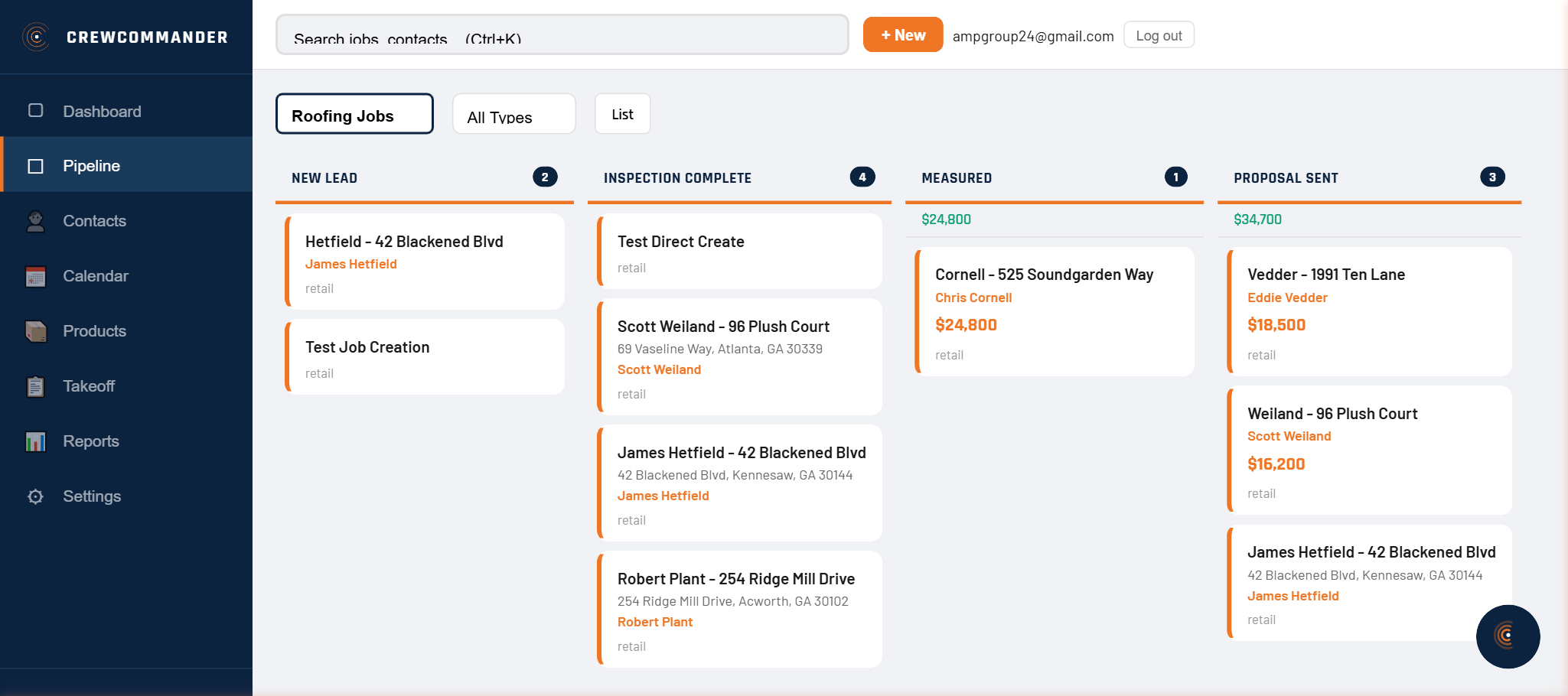 Drag-and-drop kanban pipeline board showing job cards with column totals