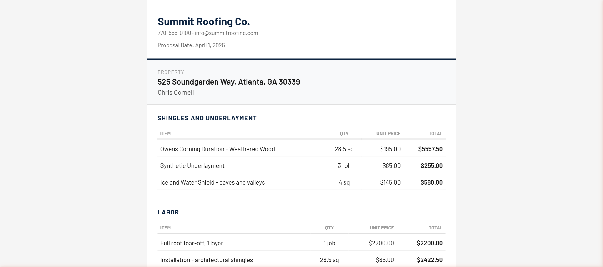 Section-based estimate builder with product library line items and pricing profiles