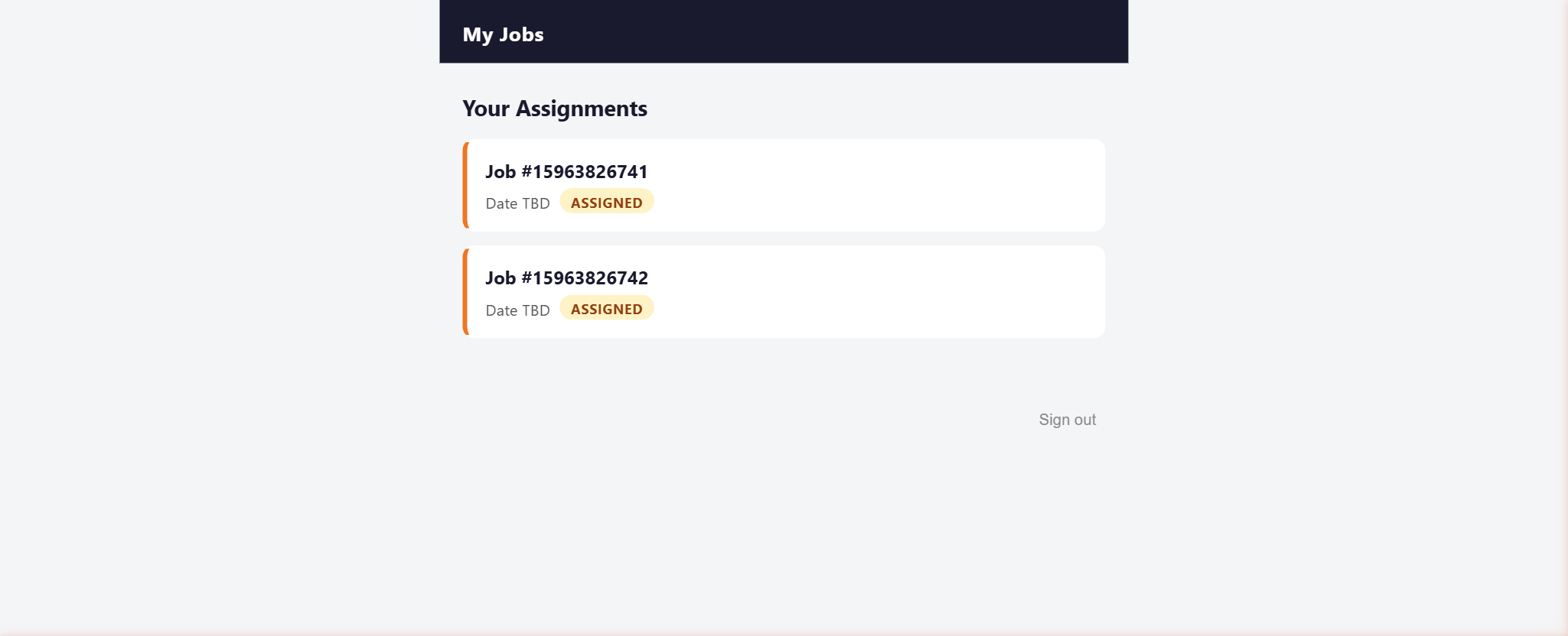 Crew portal showing assigned jobs, work orders, scope details, and labor rates
